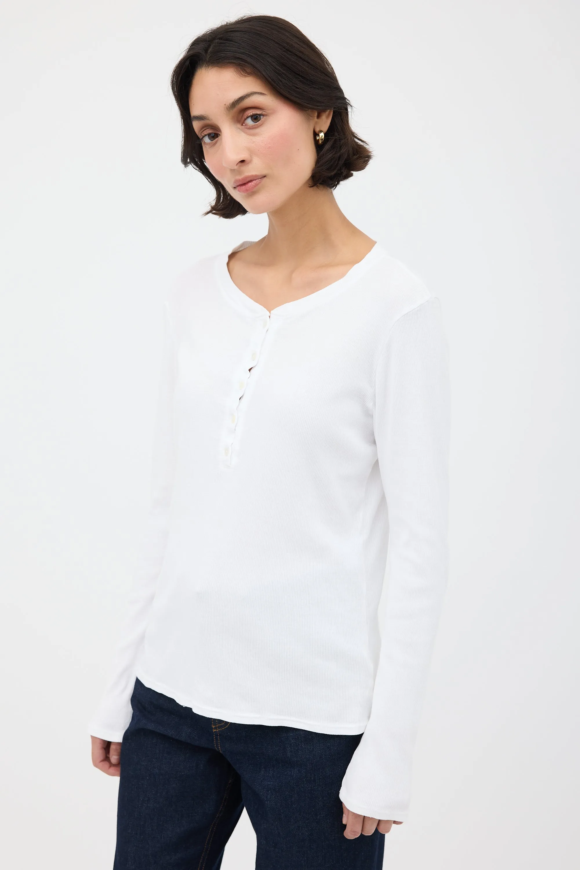 White Ribbed Henley Shirt