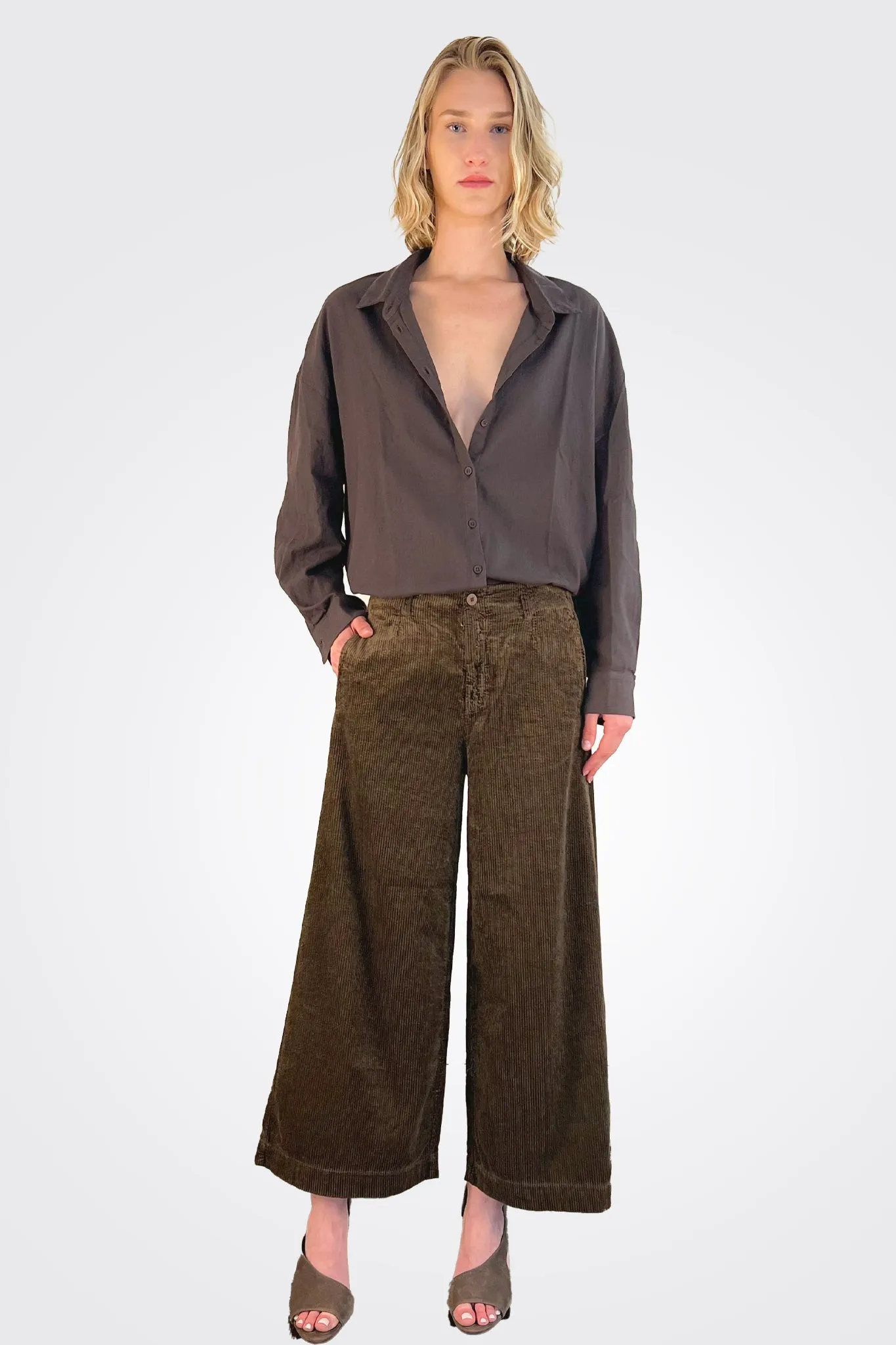 Wide Leg Corduroy Trousers - Chocolate