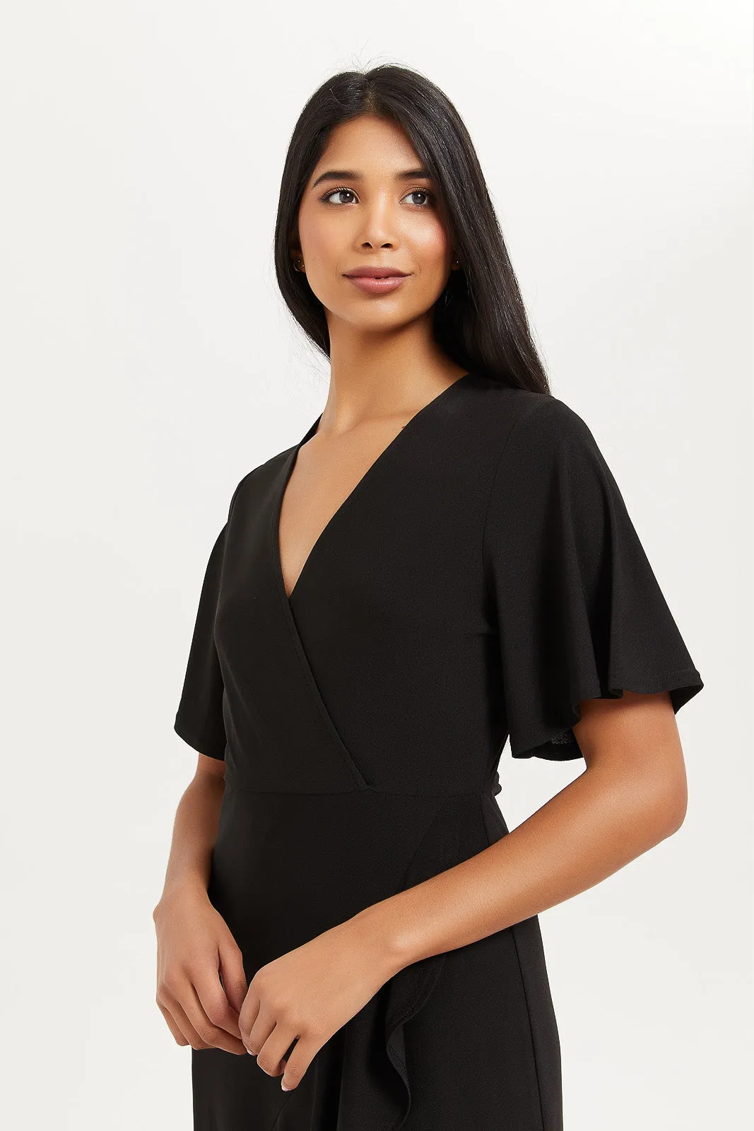 Women Black Plain Wrap Dress