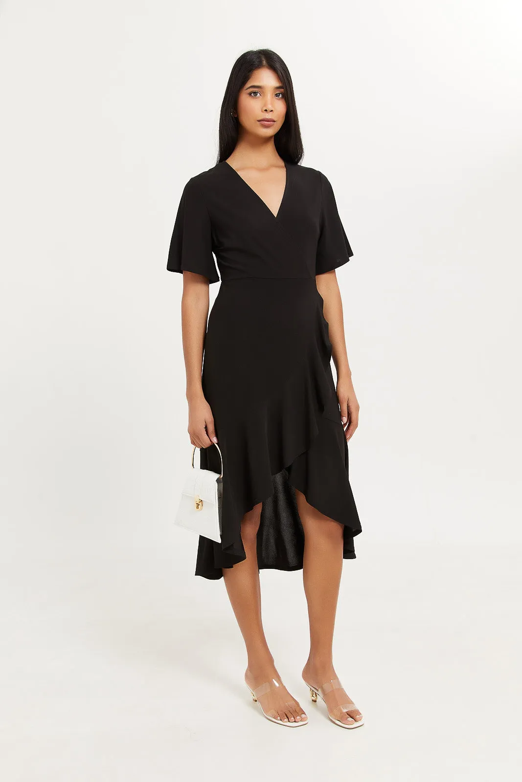 Women Black Plain Wrap Dress