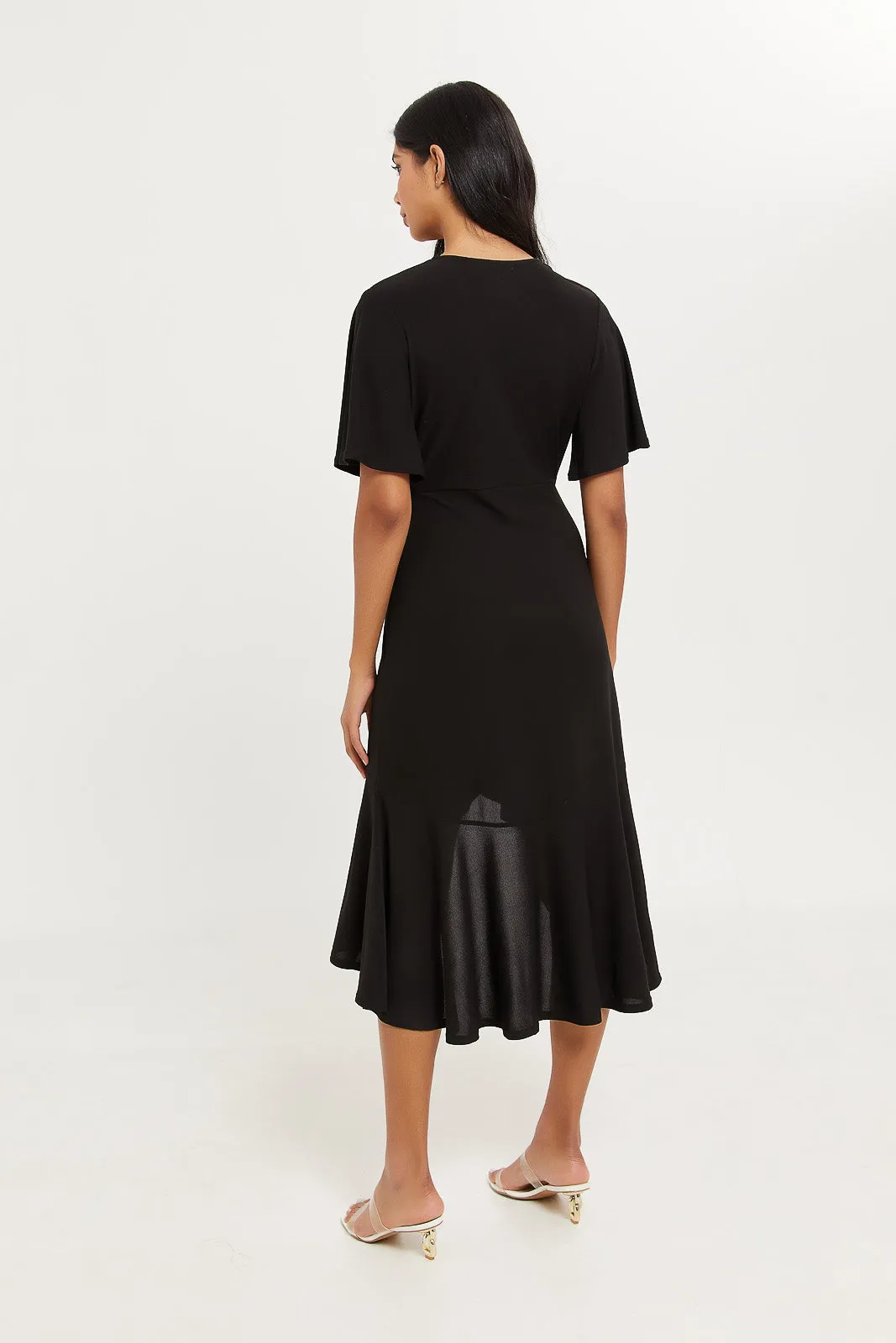 Women Black Plain Wrap Dress