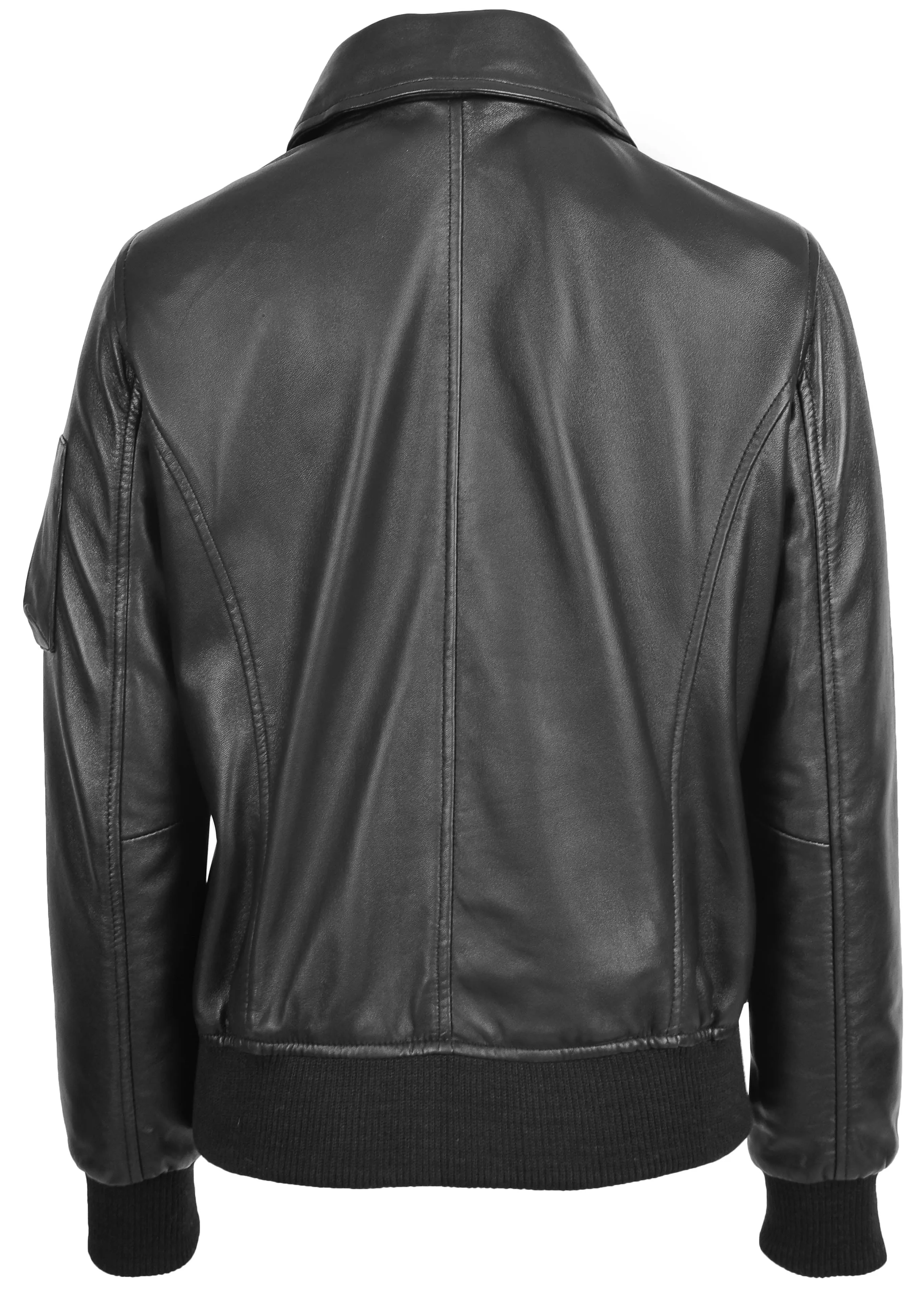 Womens Leather Bomber Jacket Black Removable Sheepskin Collar Fitted Varsity Dolly