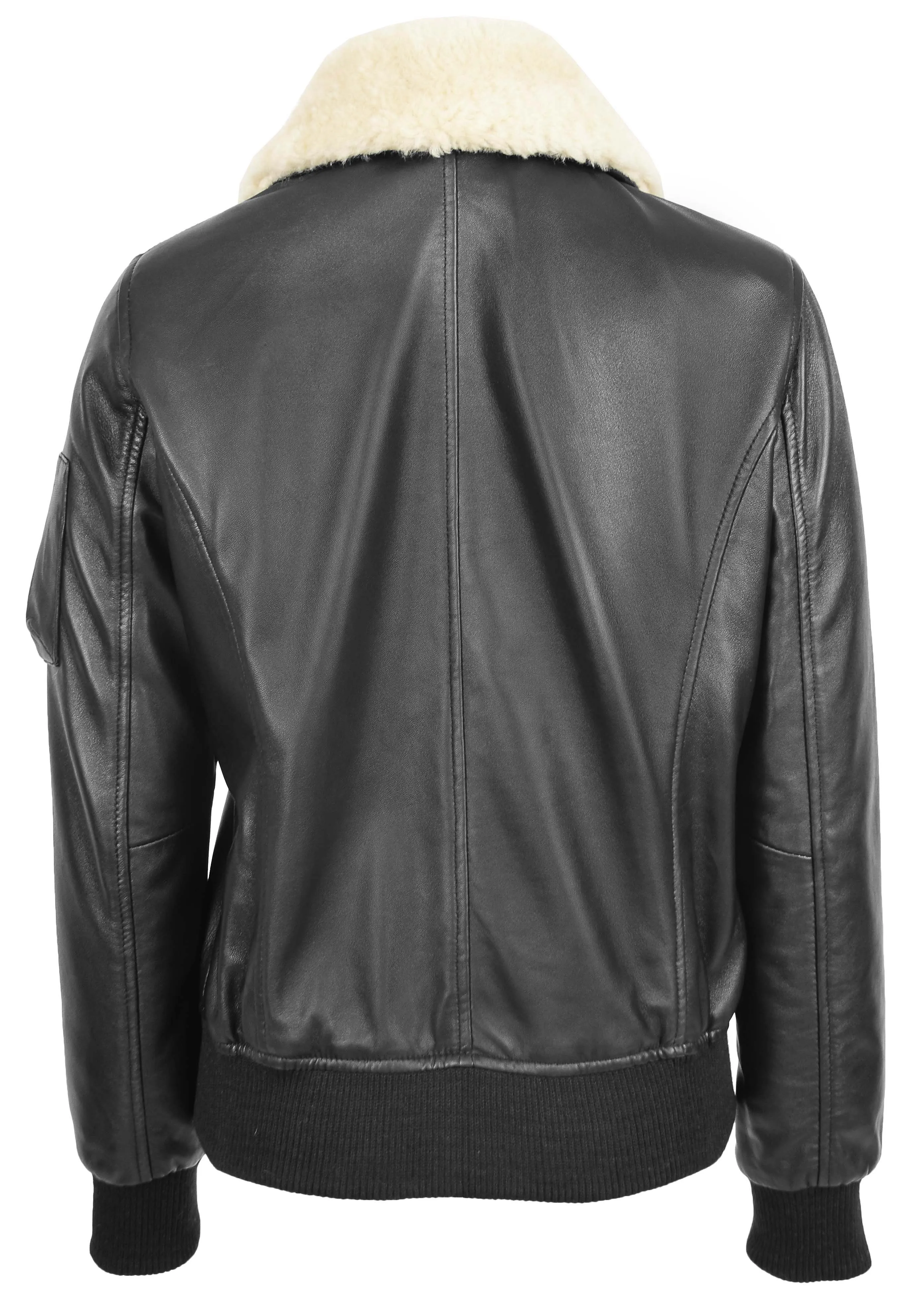 Womens Leather Bomber Jacket Black Removable Sheepskin Collar Fitted Varsity Dolly