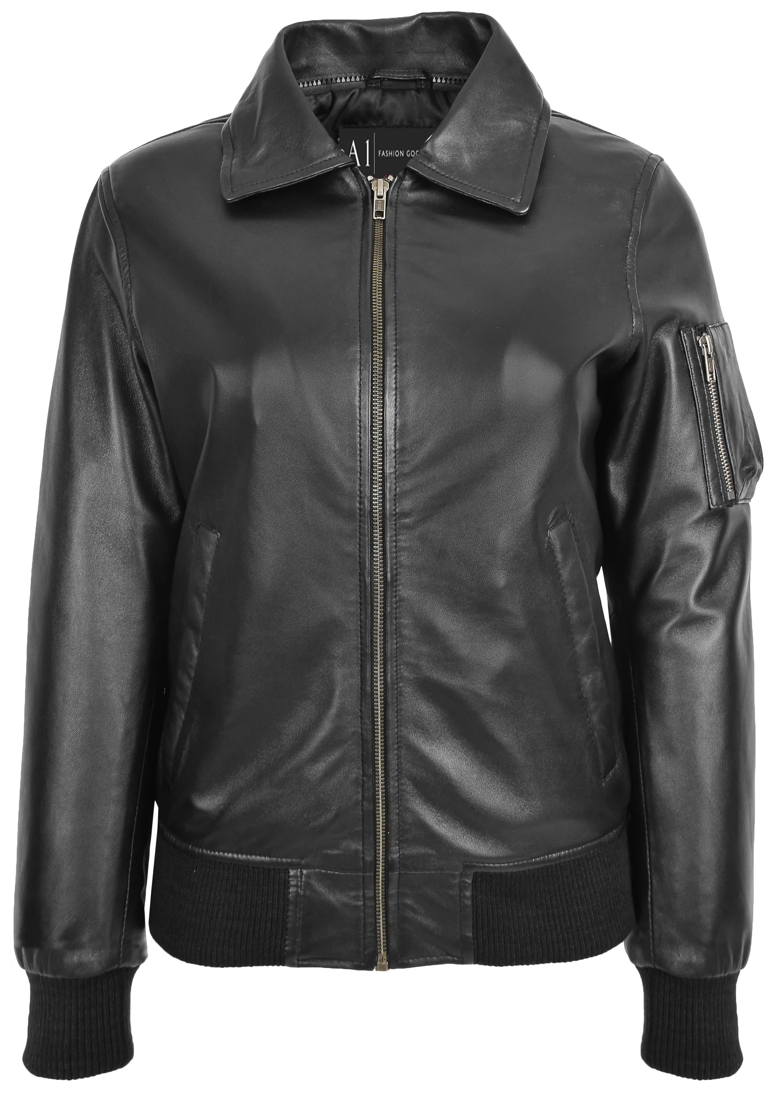 Womens Leather Bomber Jacket Black Removable Sheepskin Collar Fitted Varsity Dolly