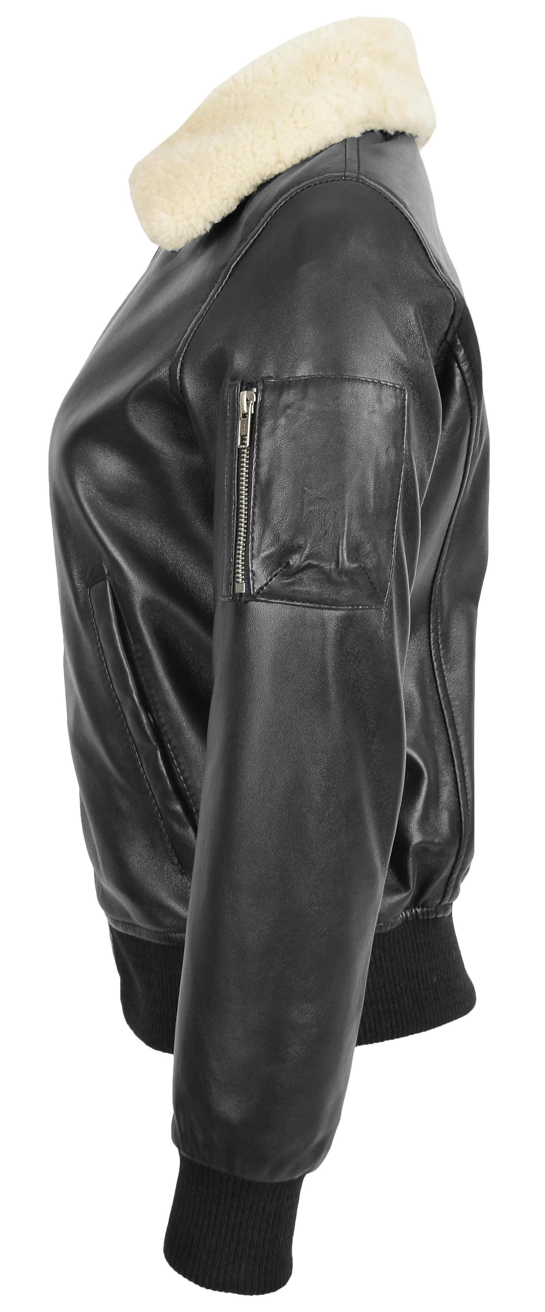 Womens Leather Bomber Jacket Black Removable Sheepskin Collar Fitted Varsity Dolly