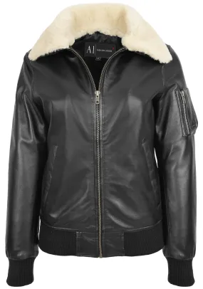 Womens Leather Bomber Jacket Black Removable Sheepskin Collar Fitted Varsity Dolly