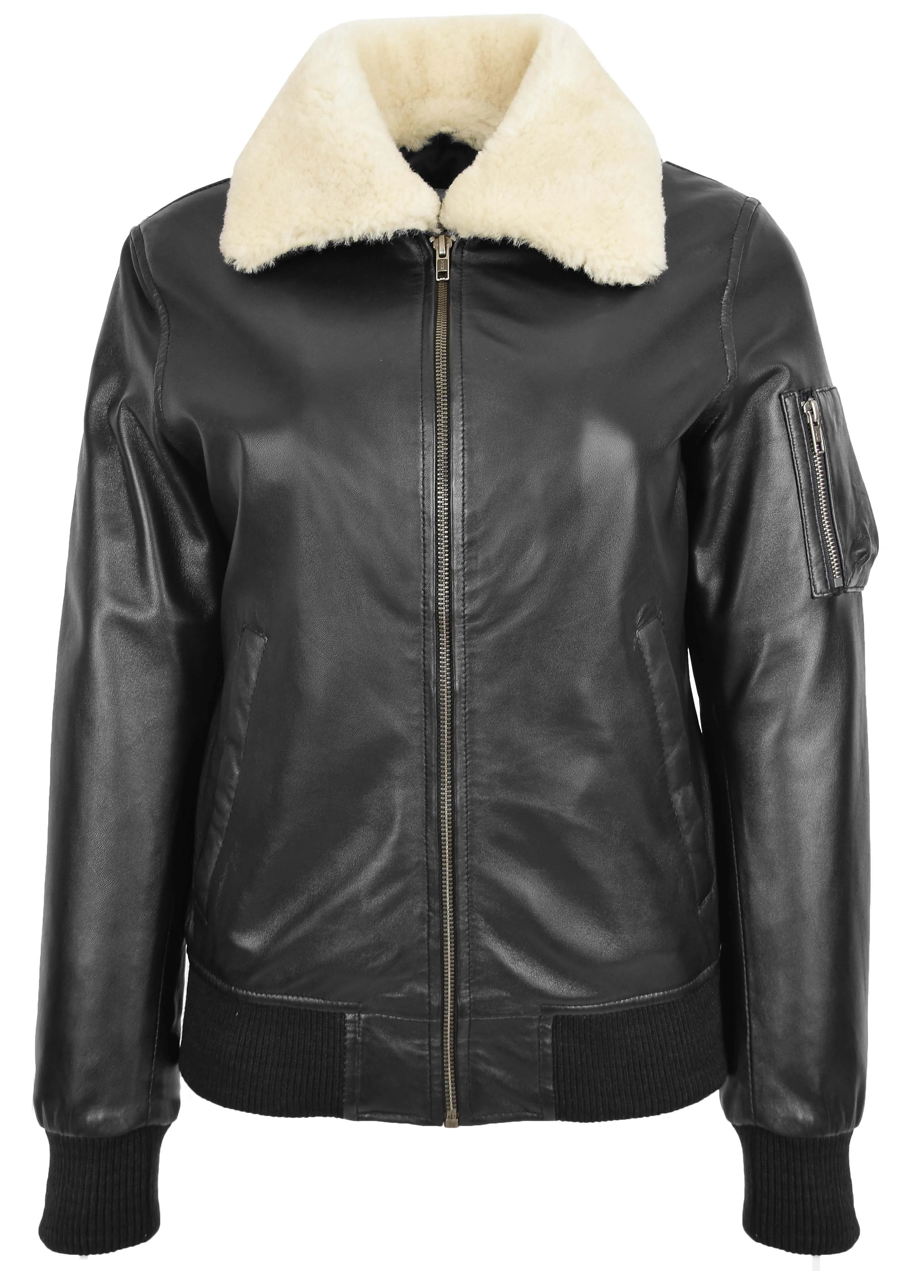 Womens Leather Bomber Jacket Black Removable Sheepskin Collar Fitted Varsity Dolly