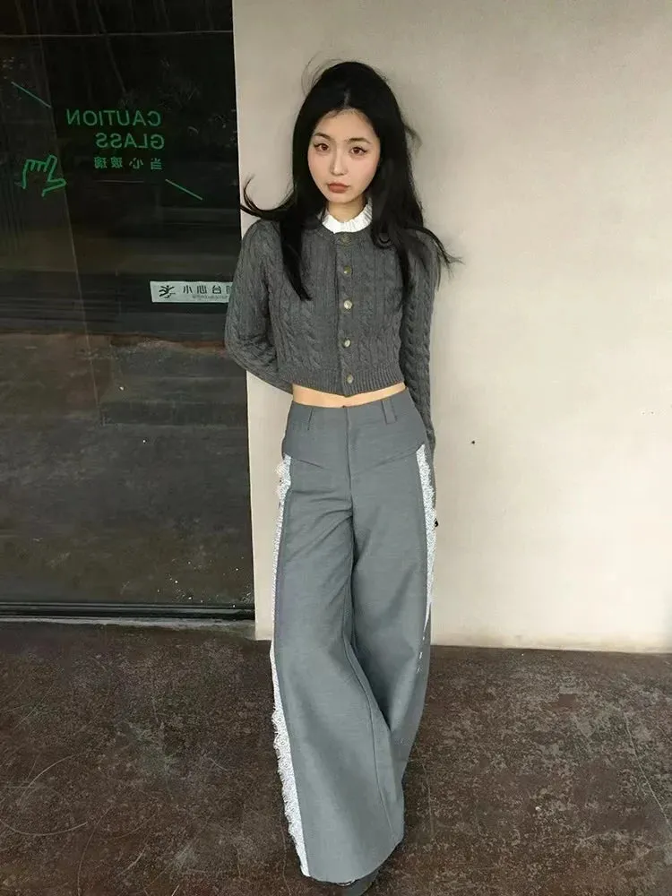 YESMYTOOL  -   Lace Suit Pants for Women Y2k Baggy Spliced High Waist Wide Leg Trousers Oversize Office Ladies Harajuku Causal Pantalon